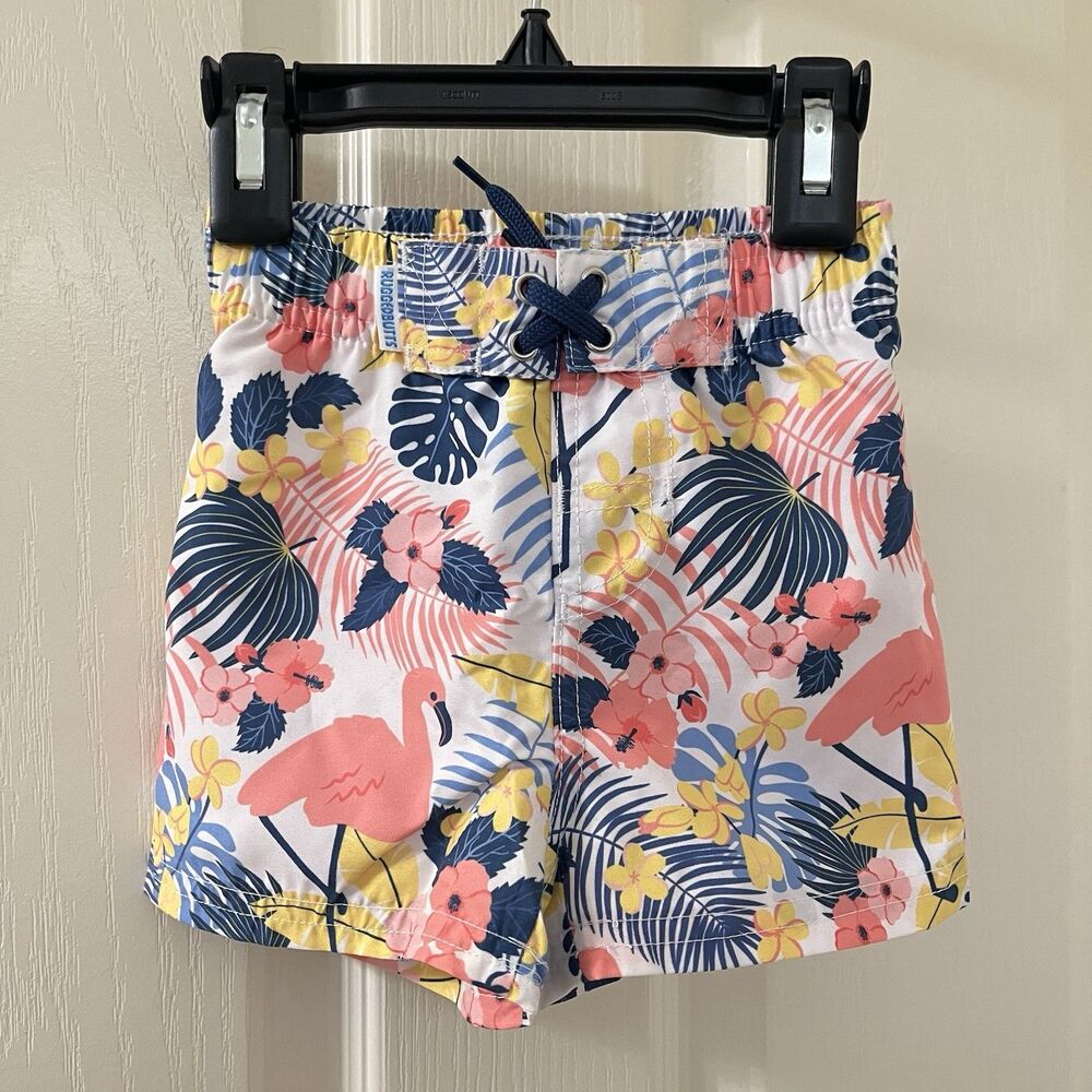 RuffleButts RuggedButts Tropical Flamingo Swim Trunks UPF 50+ Boys 6-12 Mos NWT